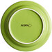 A green Acopa Capri stoneware plate with white text and a white rim.