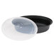 A black plastic Pactiv Newspring VERSAtainer oval microwavable container with a clear plastic lid.