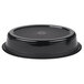 A black Pactiv VERSAtainer oval plastic container with a black lid.