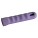 A purple silicone pan handle sleeve with a hole.