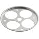 A white and stainless steel circular Vollrath egg poacher inset with four holes.