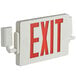 A white rectangular exit sign with red text.