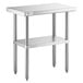 A Regency stainless steel work table with undershelf and metal legs.