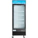 An Avantco black swing glass door freezer with LED lighting.
