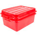 A red plastic Vollrath Traex food storage box with a raised snap-on lid.
