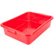 A red plastic Vollrath Color-Mate food storage container with a raised snap-on lid and holes.