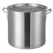 A silver heavy weight aluminum stock pot with a lid.