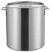 A large silver aluminum stock pot with handles and a cover.