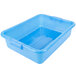 A Vollrath Traex blue plastic food storage container with a raised snap-on lid and holes.