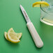 A Dexter-Russell Sani-Safe knife next to lemon slices on a green surface.