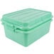 A green plastic container with a raised snap-on lid.