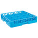 A blue plastic Carlisle cup rack with 16 tilted compartments.