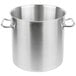 A large silver Vollrath stainless steel stock pot with two handles.