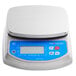 An Avaweigh WPC30SS silver digital portion scale with a blue screen.