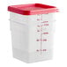A Cambro translucent plastic container with a red lid.