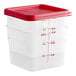 A translucent plastic Cambro CamSquares container with a red lid.