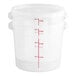 A white plastic Cambro food storage container with measurements in red.