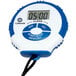 A close-up of a Comark digital kitchen timer/stopwatch with a blue and white display and lanyard.