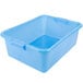 A blue plastic Vollrath Color-Mate bus tub with a white lid.