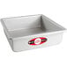 A square silver Fat Daddio's cake pan with a red and white label.