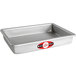 A silver rectangular pan with a red and white label.