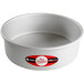 A round white cake pan with a red and white logo.