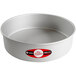 A round silver Fat Daddio's cake pan with red and white packaging.