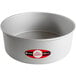A round silver Fat Daddio's cake pan with a red and white logo.