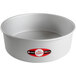 A round white Fat Daddio's cake pan with a red and white logo.