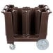 A brown rectangular plastic dish caddy with wheels and a white stripe.