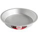 A round silver Fat Daddio's pie pan with a red and black label.