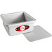 A white rectangular container with a red and black label for a Fat Daddio's ProSeries 6" x 6" x 3" Square Cheesecake Pan.
