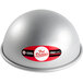 A silver round Fat Daddio's cake pan with a red and white sticker.
