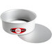 A Fat Daddio's round silver aluminum cake pan with straight sides and a removable bottom.