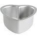 A silver anodized aluminum heart shaped cake pan.