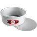 A round silver Fat Daddio's cheesecake pan with a removable bottom.