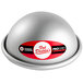 A round silver hemisphere cake mold with a red and white Fat Daddio's label.