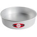 A round silver Fat Daddio's cheesecake pan with a red and white label.
