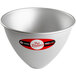 A silver metal cone shaped cake pan with a red and black label.