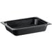 A black rectangular Vigor polycarbonate food pan with a black lid.