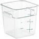 A clear square Vigor polycarbonate food storage container with a measuring line.