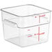 A clear plastic Vigor food storage container with measurements in red.