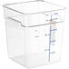 A clear plastic Vigor food storage container with measurements in blue.