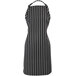 A black and white striped Mercer Culinary bib apron with a white collar.