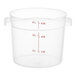 A clear plastic Vigor food storage container with red measurements.