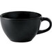 A black cup with a handle on a white background.