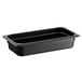 A black rectangular Vigor plastic food pan with a lid.
