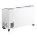 A white Galaxy curved top display freezer with wheels.