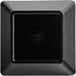 A black square Acopa Rittenhouse melamine bowl with white text on the bottom.