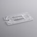 A clear plastic Vigor 1/4 size food pan lid with a handle and notch.